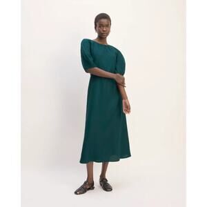 Everlane Womens The Linen Dark Sea Green Short-Sleeve Scoop Midi Dress US 2